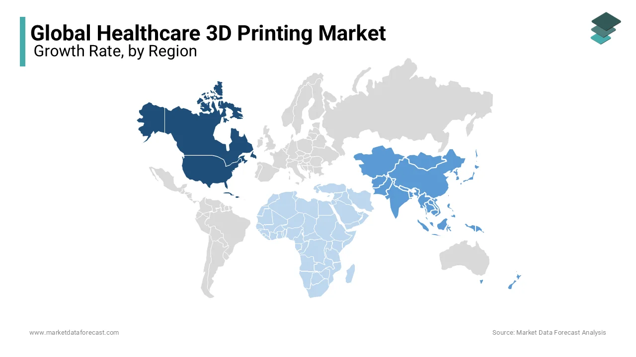 North America captured the leading share of the healthcare 3D printing market in 2023.